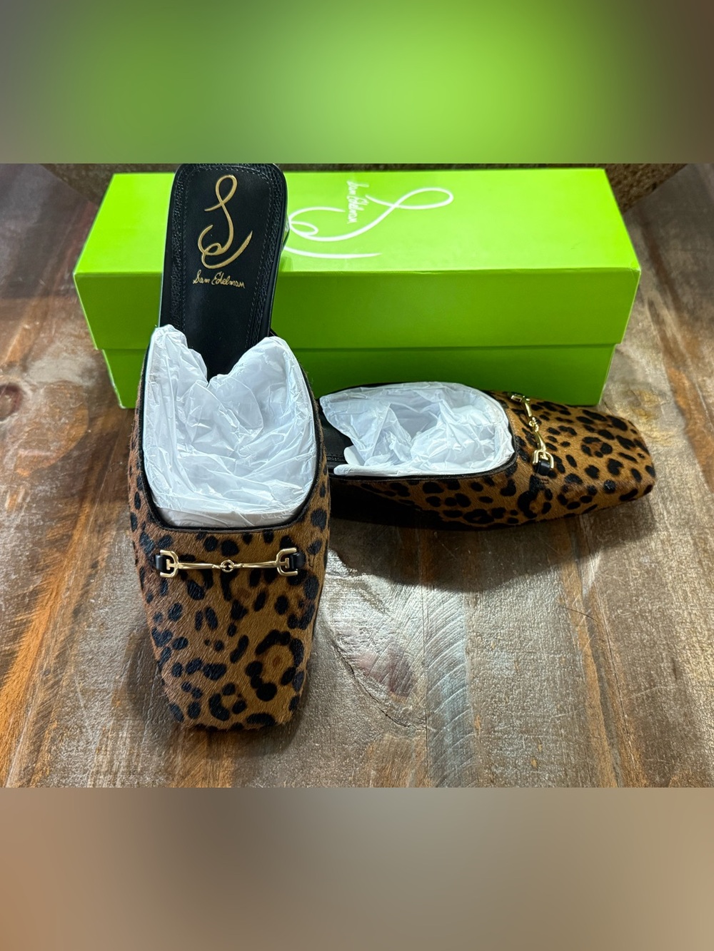 Sam Edelman Ollie Leopard Cow Hair Horsebit Mules Size 9.5 NIB